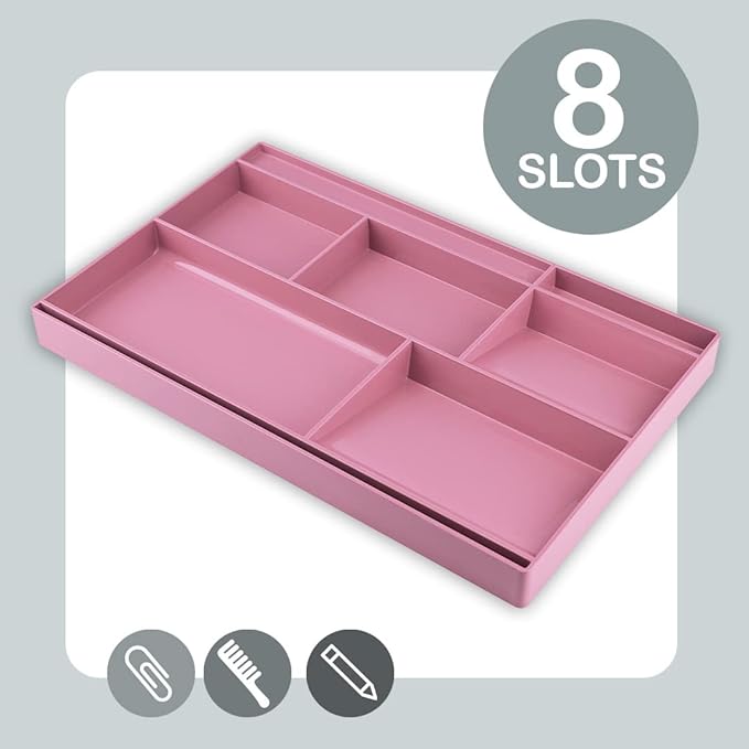 Acrimet Desk Drawer Organizer Tray with 8 Compartments – Multi-Purpose Bin for Office Supplies, Makeup, and Accessories – Fits inside Drawers or Desktops, 12.75" x 8" x 1.06" (Plastic) (Pink Color)-NeatNest