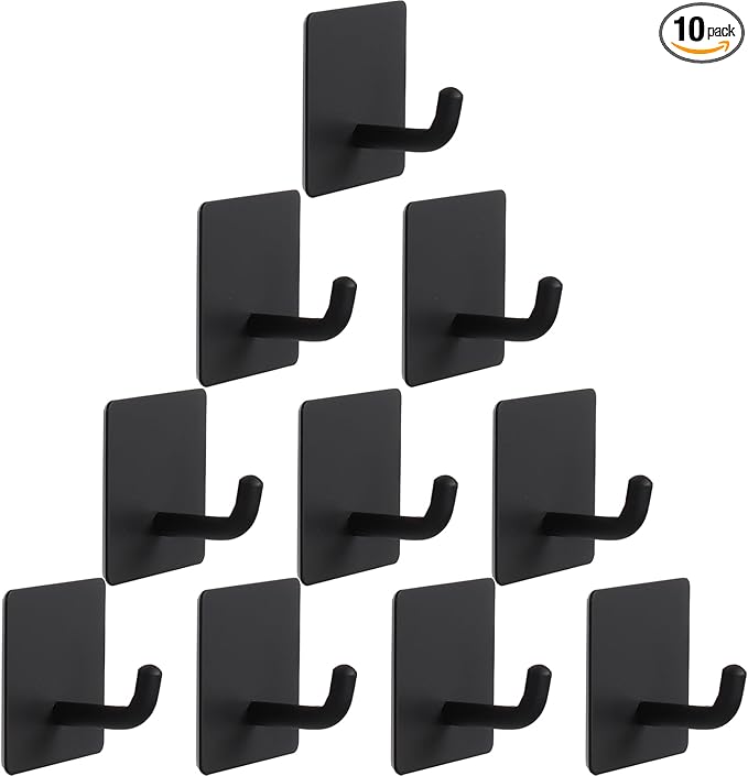 Bath Towel Hooks - 10 Pack Strong Self Adhesive Coat/Clothes Hooks, No Drilling Sticky Hooks, Heavy Duty 304 Stainless Steel Shower Wall Hook for Bathroom Kitchen Bedroom(Matte Black)