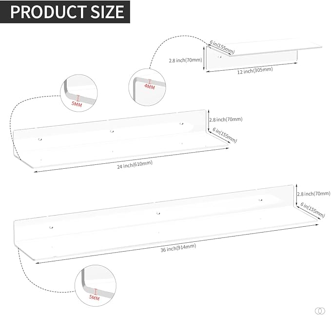 Acrylic Wall Shelves 36 24 12 Inches, Clear Floating Shelf for Wall, Wall Mounted Display Shelves for Plants, Radio, Funko Pop, Stuffed Animal, Books, Clock, Cosmetics, Toiletries-NeatNest