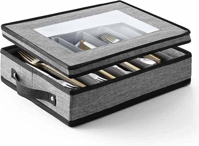 Flatware & Utensil Storage, Durable Silverware Storage Box with Padded Dividers, 5 Compartment Flatware Storage Case, Silverware Case with Handles, Protects and Organizes Cutlery, Grey-NeatNest