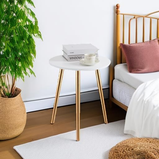 Apicizon Round Side Table, Gold Nightstand End Table for Living Room, Bedroom Home Decor Bedside Table with Gold Wood Legs 16.5 Inches-NeatNest