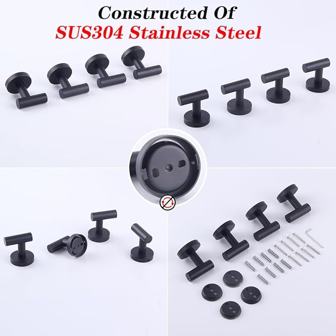 GERZWY Bathroom Matte Black Coat Hook SUS 304 Stainless Steel Towel/Robe Clothes Hook for Bath Kitchen Modern Hotel Style Wall Mounted 4 Pack AG1307B-BK