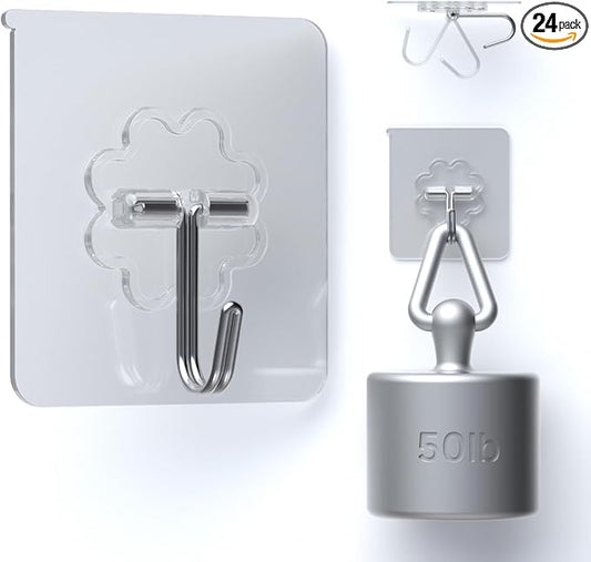 DDMY 24 Packs Hooks for Hanging 50lb Wall Hooks Transparent Reusable Waterproof Adhesive Hook for Kitchen Curtain, Towel Hook for Bathrooms, Heavy Duty Self Coat Hook for Walls No Damage-NeatNest