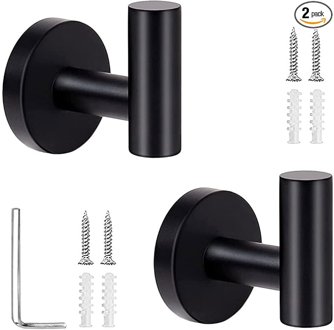 Bathroom Towel Hook, Coat Robe Hook Matte Black, Stainless Steel Wall Hook for Bathroom Bedroom Kitchen Cabinet Closet Hotel, Heavy Duty Drill-Installed Door/Wall Hanger (2PCS Black)