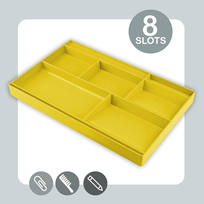 Acrimet Desk Drawer Organizer Tray with 8 Compartments – Multi-Purpose Bin for Office Supplies, Makeup, and Accessories – Fits inside Drawers or Desktops, 12.75" x 8" x 1.06" (Plastic) (Yellow Color)-NeatNest