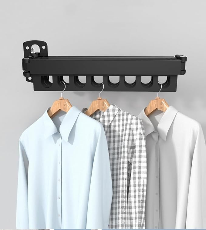 Clothes Drying Rack Carbon Steel Laundry Drying Rack Collapsible Black Wall Mounted Clothes Rack Clothes Hanger Rack with Hooks for Drying Clothes 47 Inch