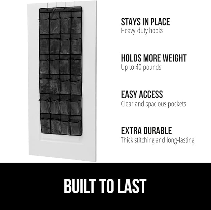 GORILLA GRIP Over the Door Shoe Organizer, 24 Large Breathable PVC Pockets, Space Saving Hanging Storage Holder, Closet Rack Hanger Holds Up to 40 lbs, Hangs on Closets for Shoes 2 Pack, Black-NeatNest