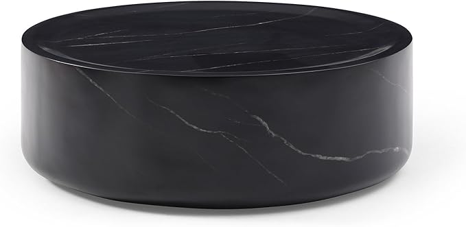 Marble Coffee Table, Modern Round Coffee Table, Circle Drum Coffee Tables, Fiberglass Center End Table for Living Room Apartment Office, No Assembly (31.49" Faux Marble Black)