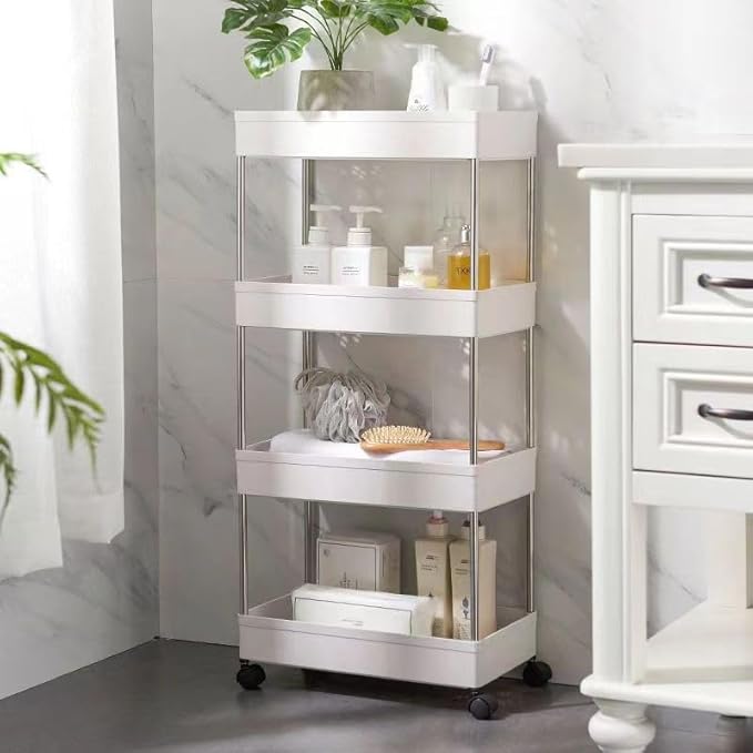 4-Tire Slim Storage Cart with 4 Hooks, Multi-Functional Narrow Rolling Kitchen Shelving Unit for Kitchen, Bathroom, Laundry Room, Office