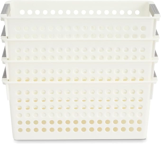 Farmlyn Creek Storage Baskets for Shelves - 4-Pack White Plastic Baskets w/ Gray Handles, 11.5 x 5.25 x 5 in - Narrow Shelf Bins & Closet Storage Bins for Bathroom, Nursery