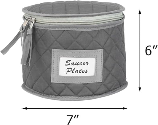 China Storage Case - Saucer or Small Plate Quilted Case - 7" diameter x 6" height - Gray - Includes 12 Felt Separators -Stackable With Padded Interior - Great for Appetizer Plates-NeatNest