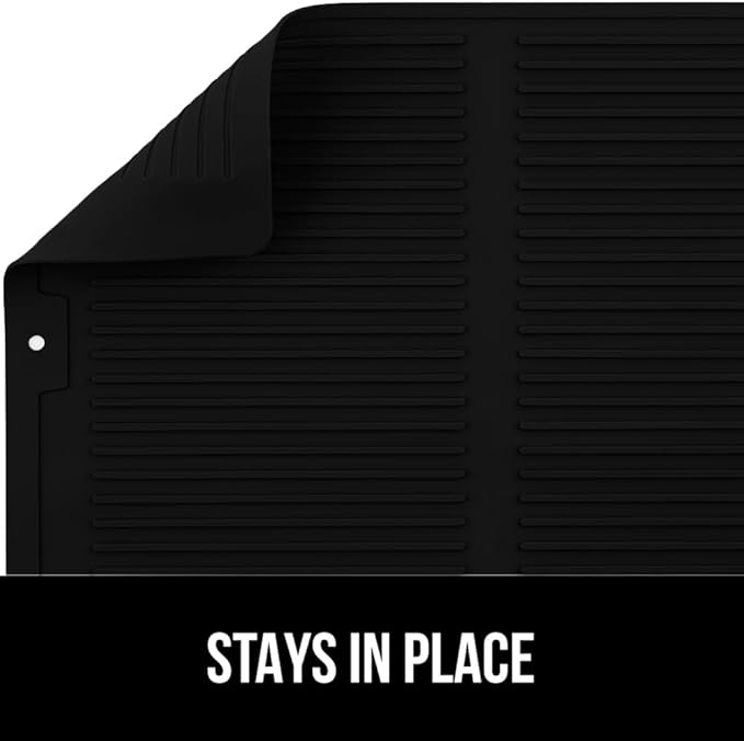 GORILLA GRIP 100% BPA-Free Patented Silicone Dish Drying Mat for Kitchen Counter, Water Catching Ribbed Design, Easy Clean Waterproof Sink Liner, Heat Resistant, Fits Under Rack, 16x12 Inch, Black