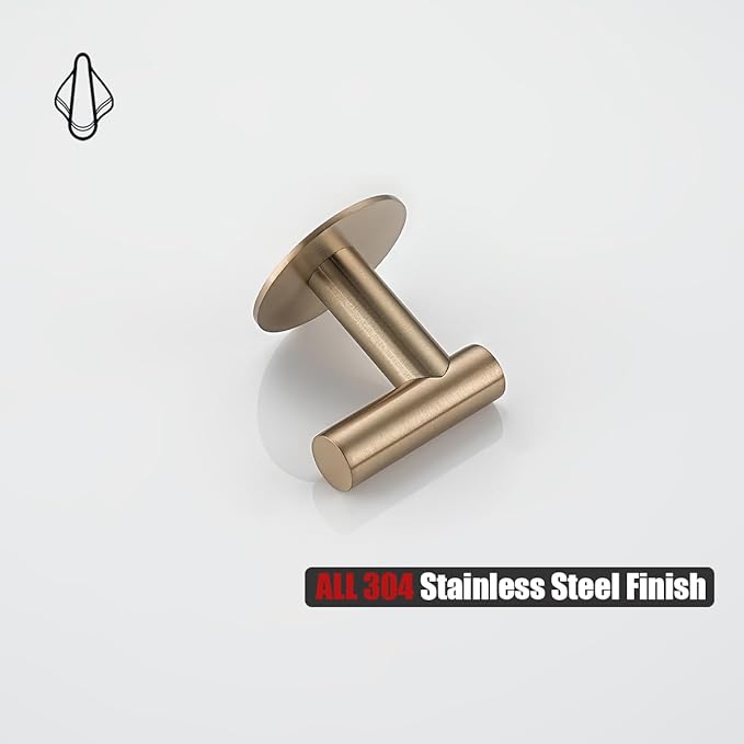 JQK Self Adhesive Towel Hook Champagne Bronze, No Drill Stick on Coat Robe Clothes Wall Hook for Bathroom 2 Pack, 304 Stainless Steel, ATH110-CB-P2