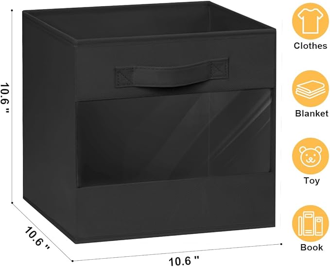 DIMJ Storage Cubes, 11-Inch Collapsible Fabric Storage Cubes for Shelves Closet - Clear Window Storage Bins Baskets for Organize Clothes, Blankets, Toys (8-Pack, Black)-NeatNest