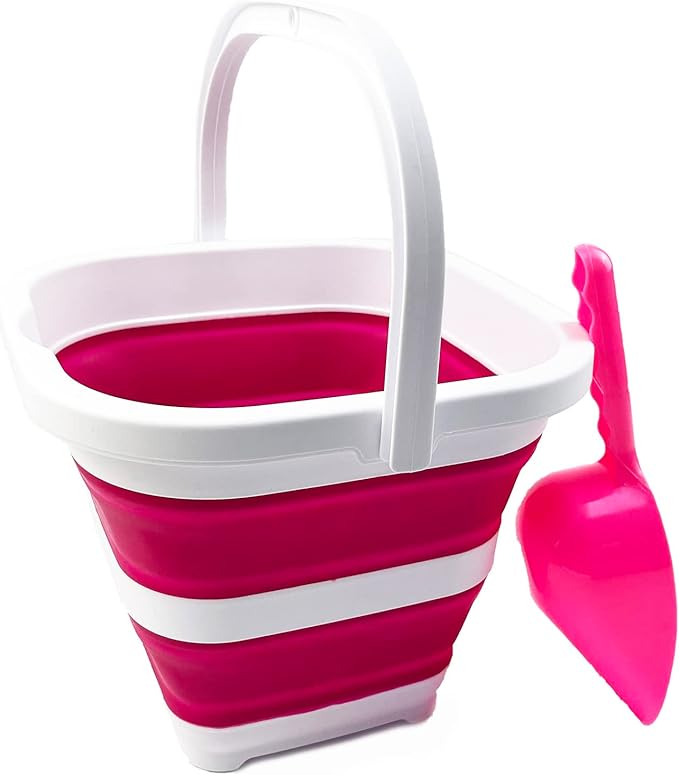 SAMMART Collapsible Rectangular Cleaning Bucket 5L (1.3 Gallon)- Foldable Camping Beach Sand Water Pot Pail- Portable Space Saving Tub for Household, Outdoor Car Washing (White/Flamingo)-NeatNest
