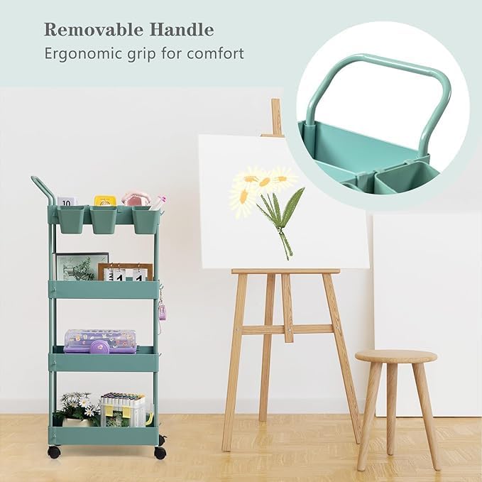 danpinera Slim Storage Cart on Wheels, 4 Tier Narrow Laundry Cart with Hooks Hanging Cups Dividers Mobile Rolling Lash Cart with Handle for Bathroom Small Spaces, Green