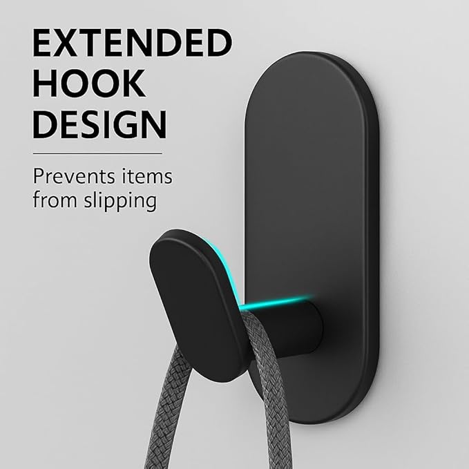 Adhesive Towel Hooks for Bathrooms 2 Pack Matte Black Stainless Steel and Zinc Alloy Sticky Wall Hooks for Hanging Heavy Duty Self Adhesive Robe Shower Hanger for Kitchen, Closet, Cabinet, Door
