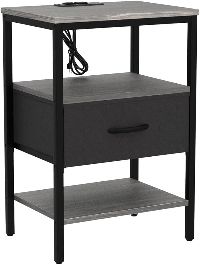SUPERJARE Nightstand Set of 2, Bed Side Tables with Charging Station, Adjustable Fabric Drawer, Night Stand for Bedroom, 3-Tier Storage End Tables, for Living Room - Charcoal Gray
