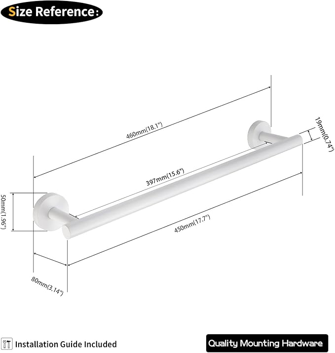 GERZWY 18-Inch Bathroom Towel Bar SUS 304 Stainless Steel Bath Towel Bar Wall Mount, White
