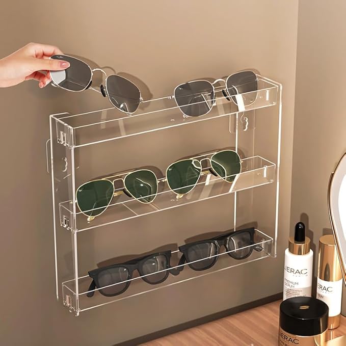 3 Layers Makeup Organizer Wall Mounted, Acrylic Invisible Floating Shelves with Anti-Slip Adhesive Backing, Sunglasses Display Rack, Nail Polish Storage, Clear (1 Pack)-NeatNest