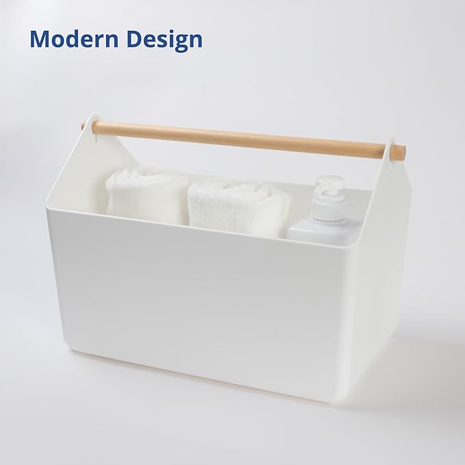 BLUE GINKGO Large Storage Basket – Plastic Caddy with Wooden Handle for Bathroom, Pantry, or Cleaning Supplies (White)-NeatNest