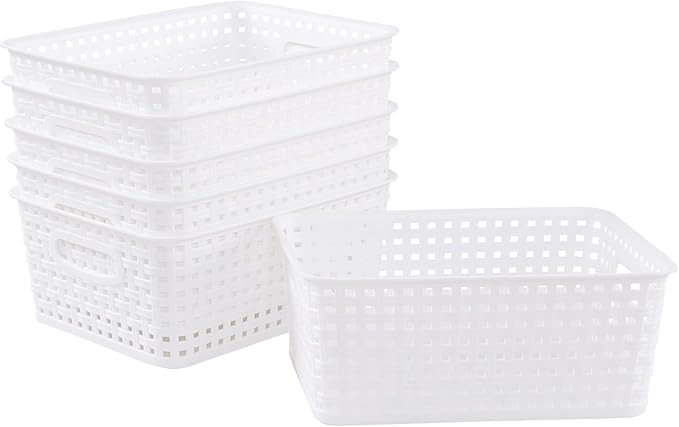 6-Pack Plastic Storage Basket, Desktop Organizing Bin, White