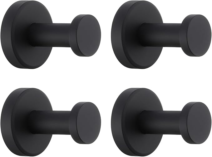 APLusee Matte Black Bath Robe Towel Hook 4 Pack, Stainless Steel Bathroom Coat Hook, Wall Mount