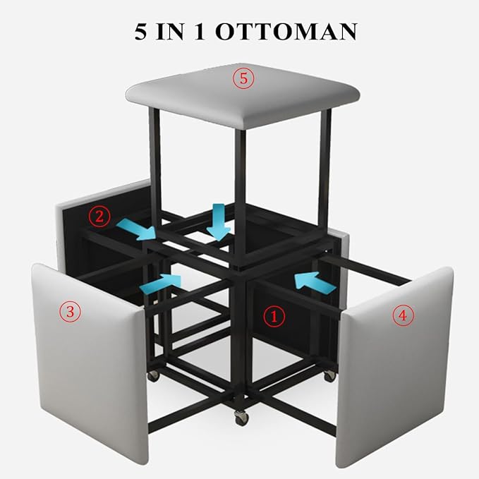 Small Square Pouf Foot Stool Ottoman 5 in 1 Nesting Poufs Cube Chair Stackable Sofa Chair Foot Rest Cube Seating Poufs Upholstered Metal Frame Foot Rest Bench for Couch, Dining Room, Bedroom