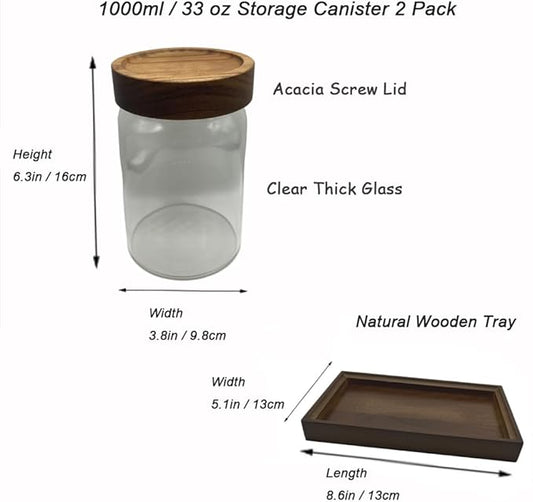 Clear Glass Storage Canister with Airtight Wooden Screw Lid 33oz/1000g 2 PACK with Tray,Decorative Container Jar for Coffee,Spice,Candy,Salt,Cookie,Condiment,Pepper,Sugar,Overnight Oatmeal-NeatNest