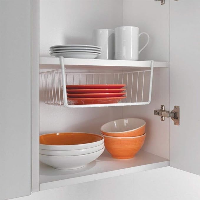 Under Shelf Wire Storage Baskets – Hanging Organizer Rack for Cabinet, Pantry, or Closet – White Metal Basket for Kitchen, Towels, or Office – No Tools Required (10.25")-NeatNest