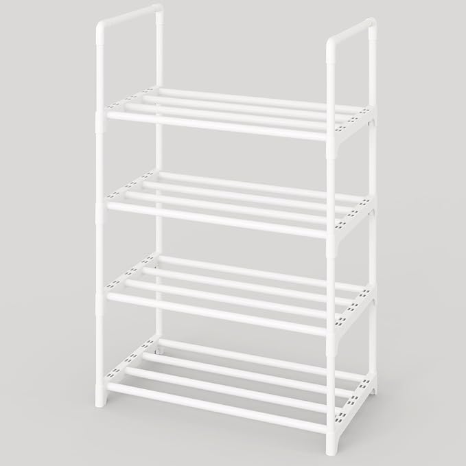 Metal Stackable Small Shoe Rack Organizer, Narrow Shoe Racks for Closets Entryway, Shoe Stand,Shoe Shelf with Handle (4-Tier-White)-NeatNest
