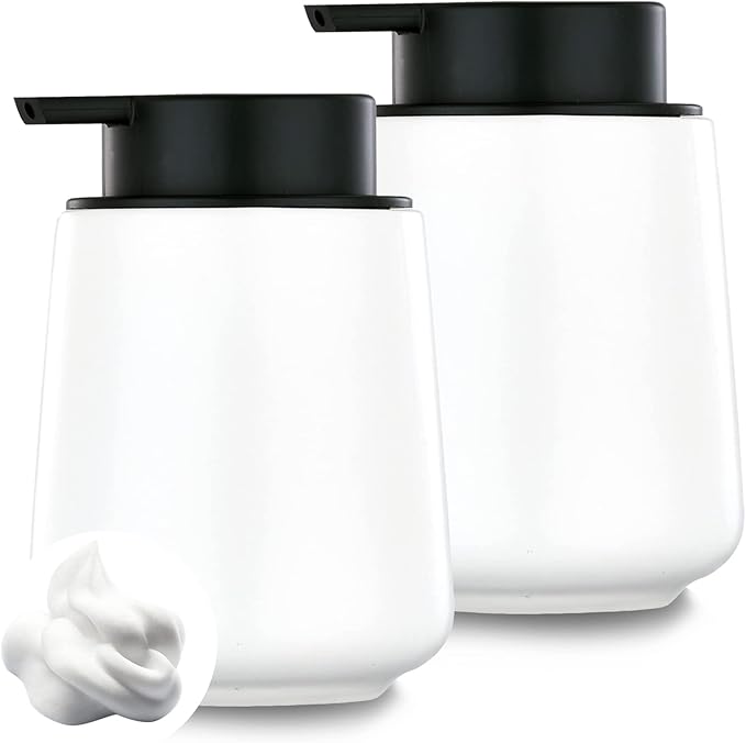 12Oz White Foam Soap Dispenser - Ceramic Foaming Hand Soap Dispenser Set with Easy-to-Press Pump, Refillable Liquid Dish Soap Dispensers for Bathroom and Kitchen, 2 Pack-NeatNest