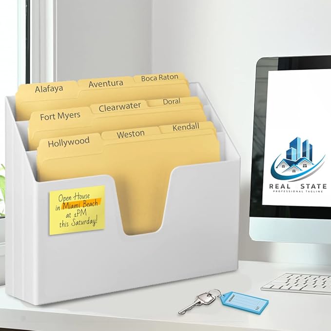 Acrimet Horizontal Triple File Folder Holder Organizer, Includes 9 Manila Folders Letter Size, Desktop File Storage for Home & Office, 3 Slot Desk Organizer for Paper, Mail, Documents (White Color)
