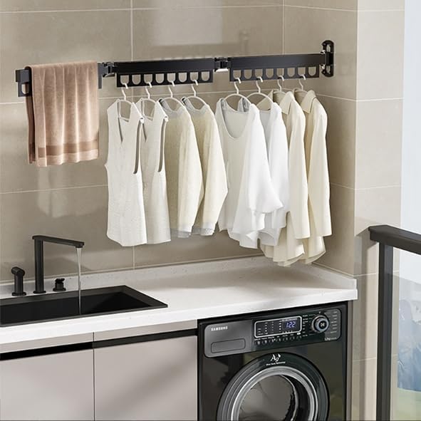 Clothes Drying Rack Carbon Steel Laundry Drying Rack Collapsible Black Wall Mounted Clothes Rack Clothes Hanger Rack with Hooks for Drying Clothes 47 Inch