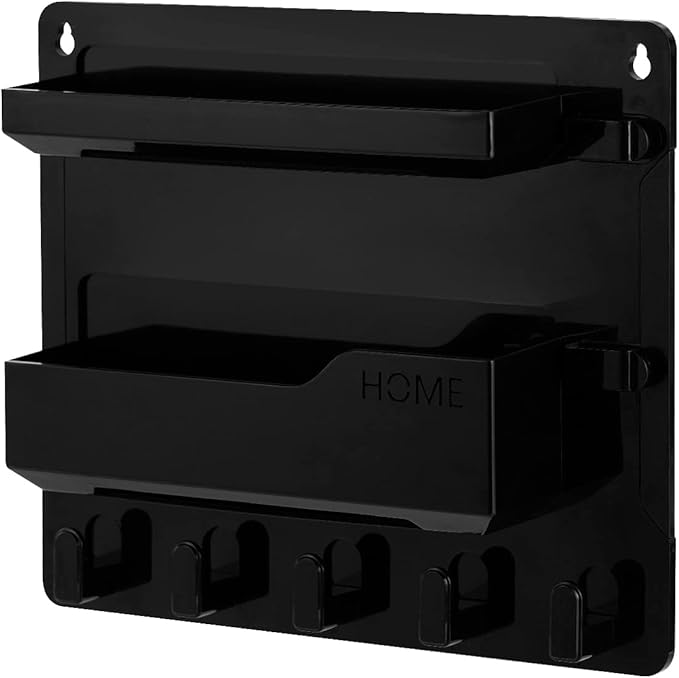 JUMEIHUI Wall Mount Shelf Organizer, Adhesive Bedside Shelf Accessories with Hooks and Cable Clips, Dorm Room Wall Storage for Phone, Remote, Earphone, Kindle, Plastic(Black)