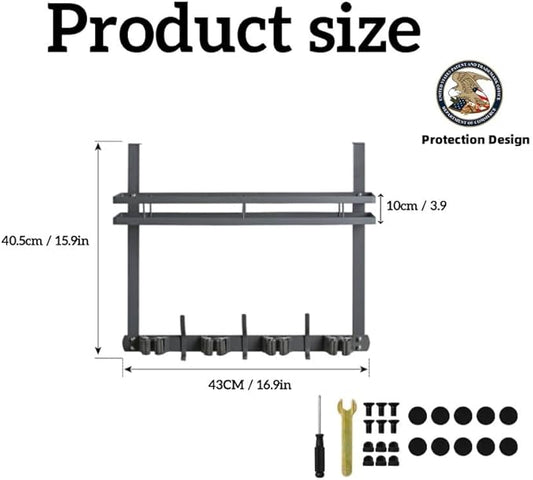 Broom Holder Over The Door Over Door Broom and Mop Rack Over The Door Hooks Organizer With4 Slots & 3 Hooks 1 Storage Basket For Laundry Room, Garage, Closet, Kitchen Decor (grey)-NeatNest