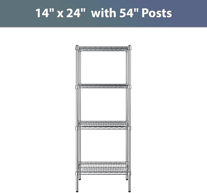 14" x 24" NSF Chrome 4-Shelf Kit with 54" Posts, Commercial Storage Rack Unit, Heavy Duty Storage Shelving, Wire Shelving Kit, Adjustable Rack Strong Steel, Multipurpose Wire Shelf