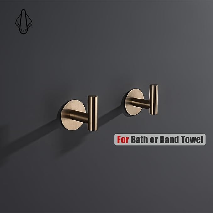 JQK Self Adhesive Towel Hook Champagne Bronze, No Drill Stick on Coat Robe Clothes Wall Hook for Bathroom 2 Pack, 304 Stainless Steel, ATH110-CB-P2