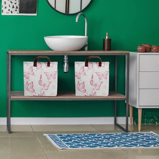 CLOCOR Rectangular Pink Basket, Collapsible Storage Bin, Waterproof Storage Box with Handles, Gift Organizer, Shelf Basket(Pink Butterfly)-NeatNest