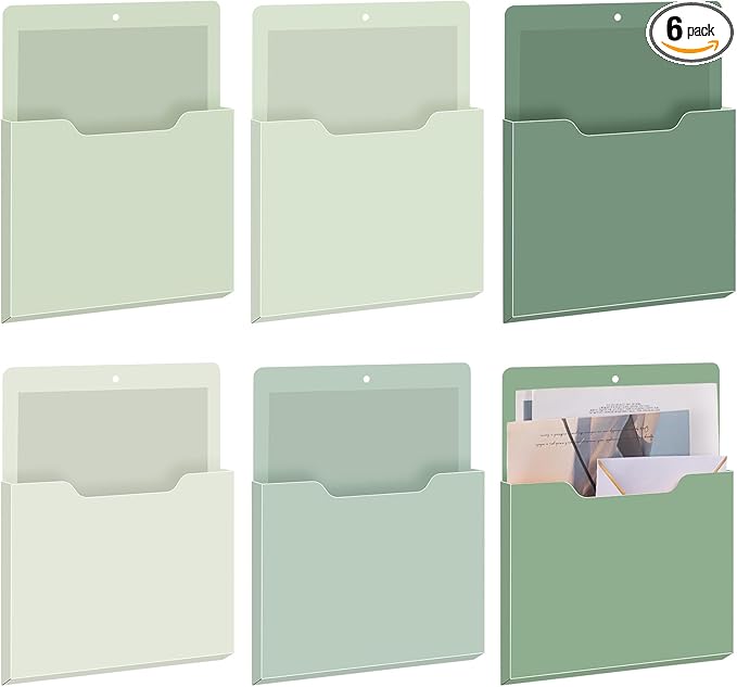 Fuutreo 6 Pcs Magnetic Wall File Organizer Magnetic Wall File Holder Refrigerator Magazine Holder for Mail Letters Paper(Sage Green,10 x 13 Inch,Vertical)