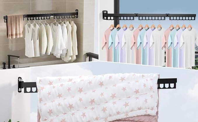 Clothes Drying Rack Carbon Steel Laundry Drying Rack Collapsible Grey Wall Mounted Clothes Rack Clothes Hanger Rack with Hooks for Drying Clothes 47 Inch