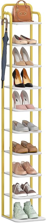 10 Tiers Vertical Shoe Rack, Narrow Shoe Tower, Tall Shoes Shelf with 2 Hooks, Adjustable Shelves, Corner Shoes Shelves for Small Spaces, Entryway, Living Room, White Gold SR11213A-NeatNest