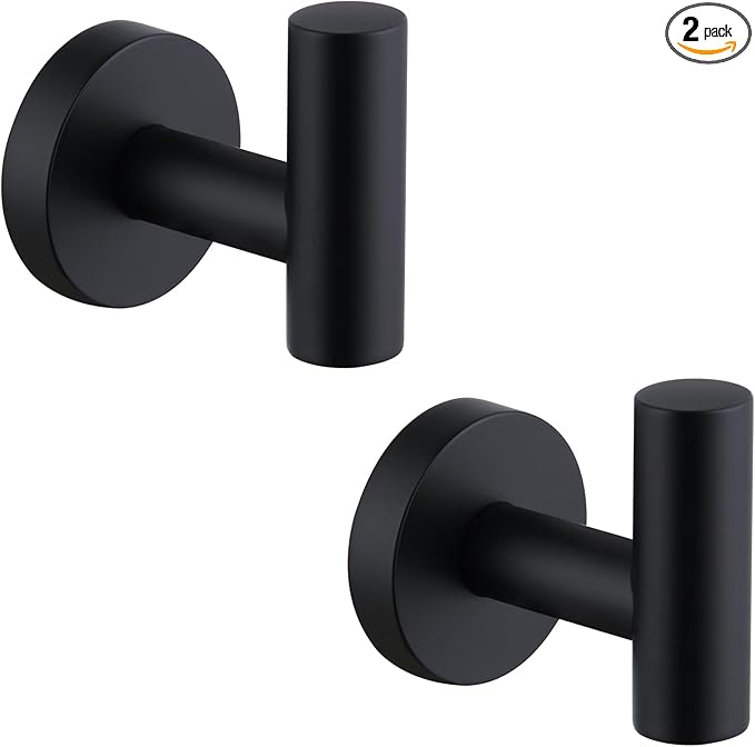 APLusee Matte Black Round Coat Hook 2 Pack, 304 Stainless Steel Bathroom Towel Hook, Wall Mounted