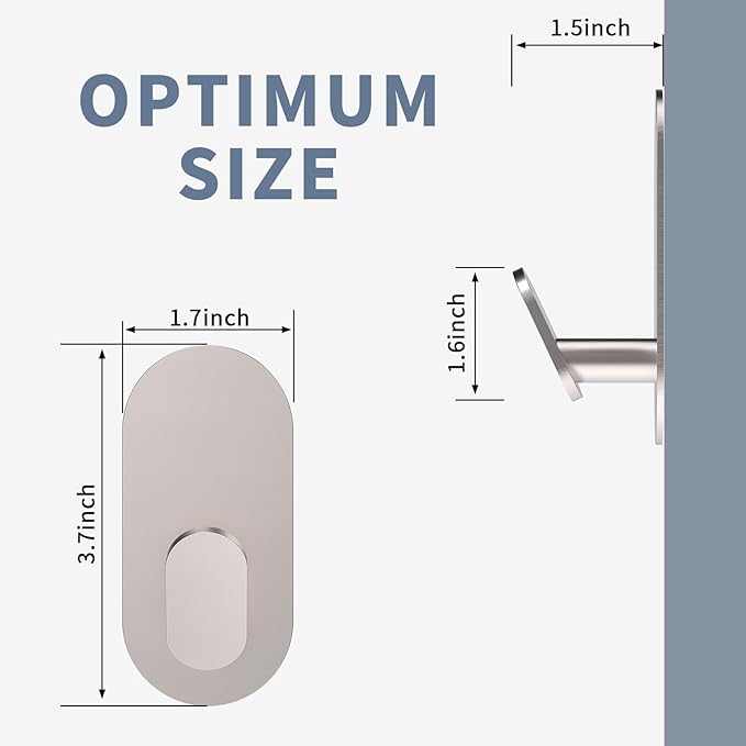 Adhesive Towel Hooks for Bathrooms 2 Pack Brushed Nickel Stainless Steel and Zinc Alloy Sticky Wall Hooks for Hanging Heavy Duty Self Adhesive Robe Shower Hanger for Kitchen, Closet, Cabinet, Door