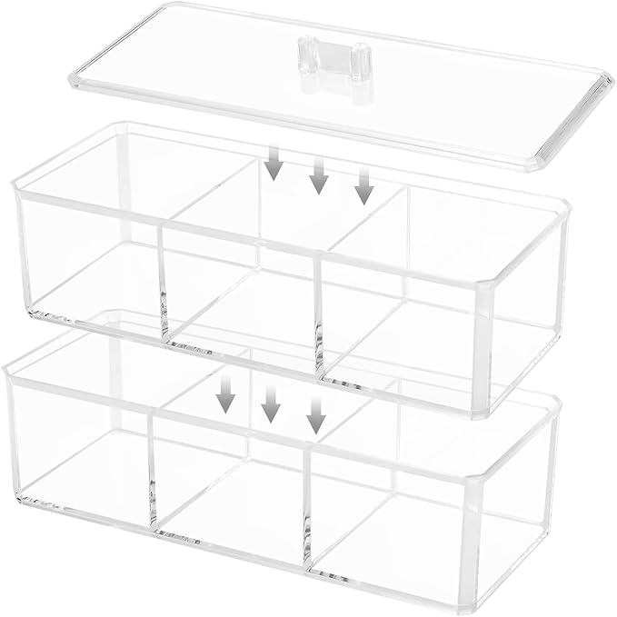 dedoot 3 Compartment Organizer 2 Layers,Plastic Drawer Clear Acrylic Vanity Desk Storage and Organizer, Bathroom Display Storage Container with Lid for Jewelry, Small Items 9.17x3.7X5.82 Inch-NeatNest