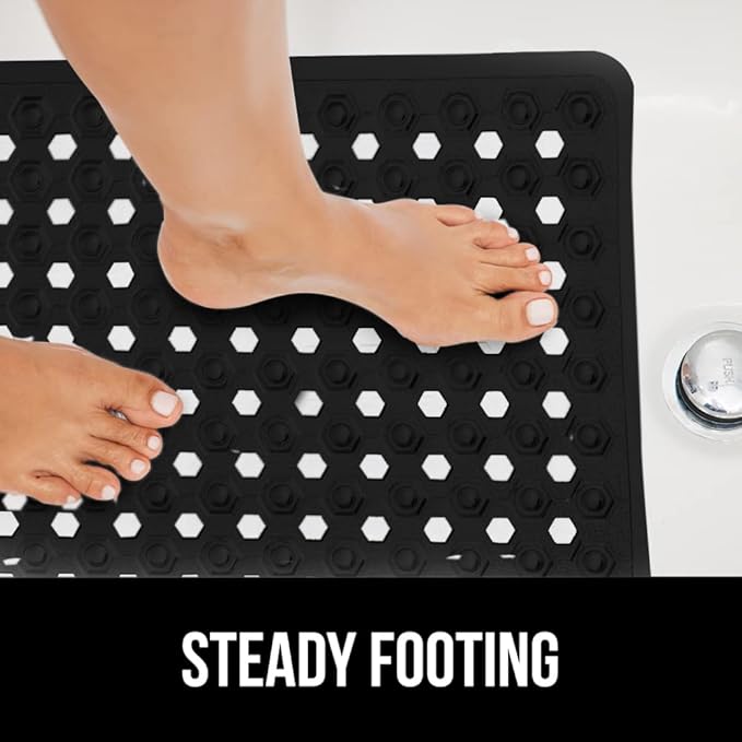 GORILLA GRIP Patented Bath Tub Shower Mat, Machine Washable Bathtub Floor Liner Mats, Suction Cups and Drain Holes to Keep Tubs Clean, Soft on Feet, Bathroom Essentials, 35x16 Inch, Black-NeatNest