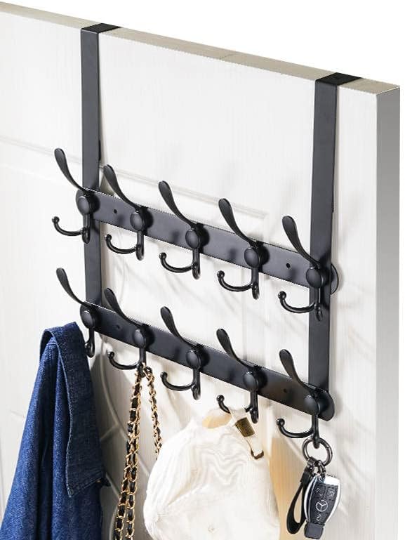 Over The Door Tri Hook Door Hanger, Belt Organizer Rack, 30 Coat Hooks, 2-Tier Holds Over 60 Belts, Heavy Duty Metal Towel Hanger with Triple-Hook Design, Over Door Coat Towel Rack, Back of Bathroom.