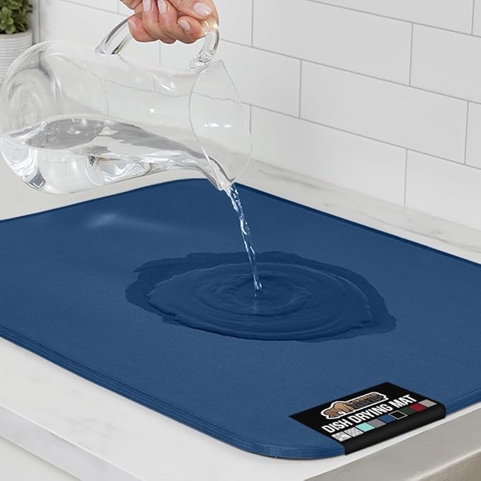 GORILLA GRIP Ultra Water Absorbent Microfiber Dish Drying Mat, Quick Dry Thick Mesh, Slip Resistant Pad for Sink Dishes or Under Rack, Kitchen Counter Accessories, 16x18, Machine Wash, Blue