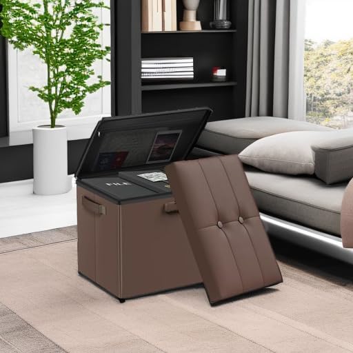 DocSafe Storage Ottoman Foot Rest Stool with Lock & Handle, Fireproof Folding Leather Footstool Bench with Storage Safe for Living Room Bedroom, Home Office, Dorm, 17x13x13in, Brown-NeatNest