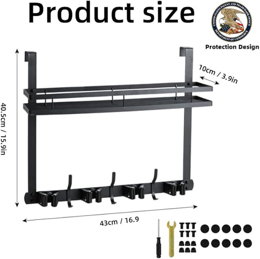 Broom Holder Over The Door Over Door Broom and Mop Rack Over The Door Hooks Organizer With4 Slots & 3 Hooks 1 Storage Basket For Laundry Room, Garage, Closet, Kitchen Decor (black)-NeatNest